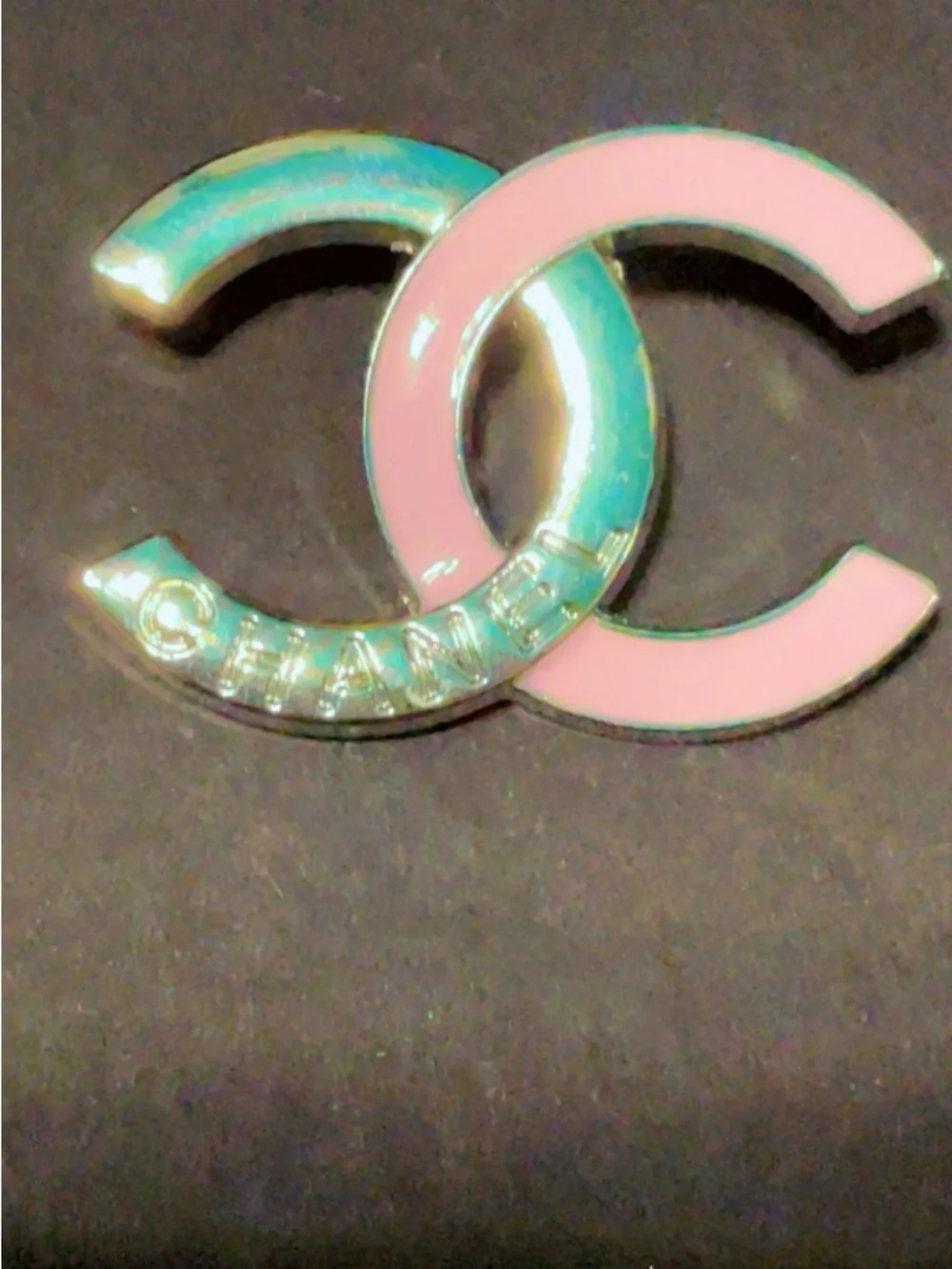 CHANEL Pink and Teal Interlocking CC Enamel Brooch
